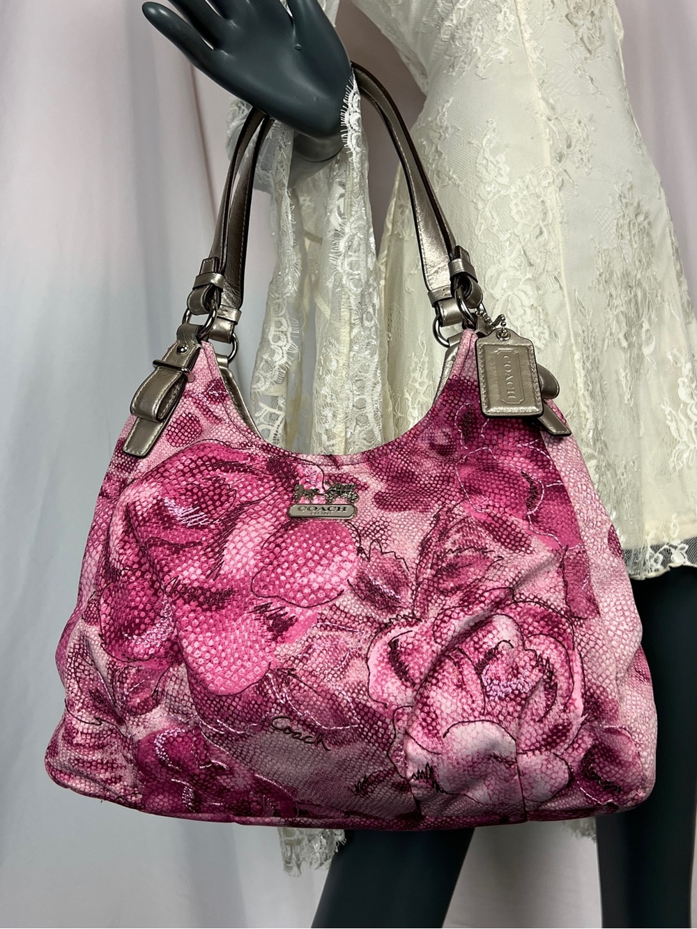 Vintage Y2K Authentic Coach Madison Maggie Pink Floral Snakeskin Handbag